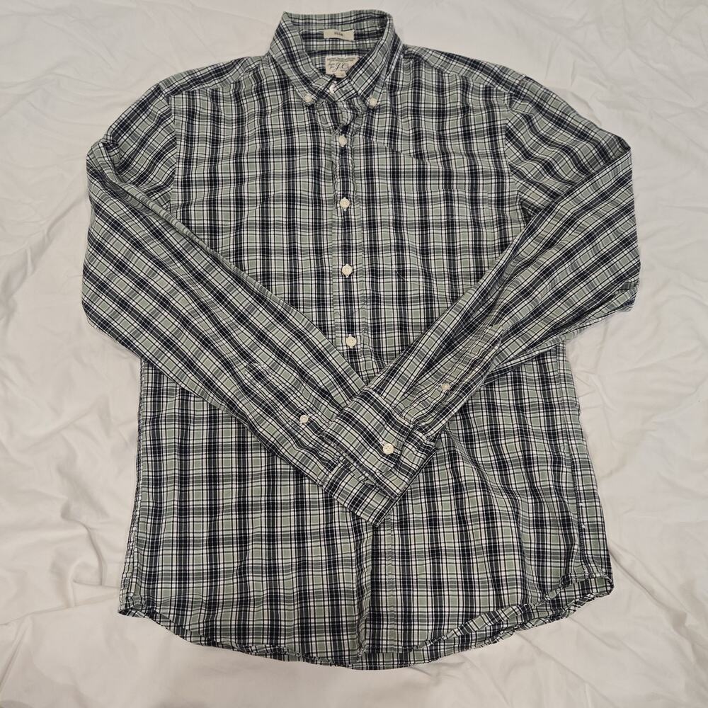 J.Crew Slim Secret Wash Plaid Shirt S 98% Organic Cotton Stretch Green Navy
